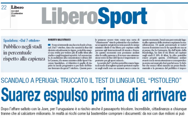 La capriola di Libero: “povero Suarez, danno la cittadinanza a tutti ma non ai milionari”