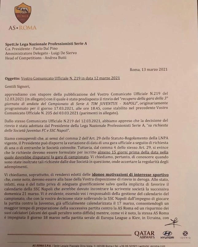 l'accusa della roma alla serie a