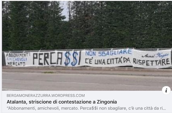 A Bergamo striscione d’avvertimento a Percassi: «Non sbagliare, c’è una città da rispettare»