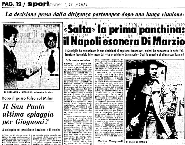 L’Unità e l’esonero di Di Marzio alla 2a giornata: «Ferlaino vuole il nome per gli abbonamenti, torna Vinicio»