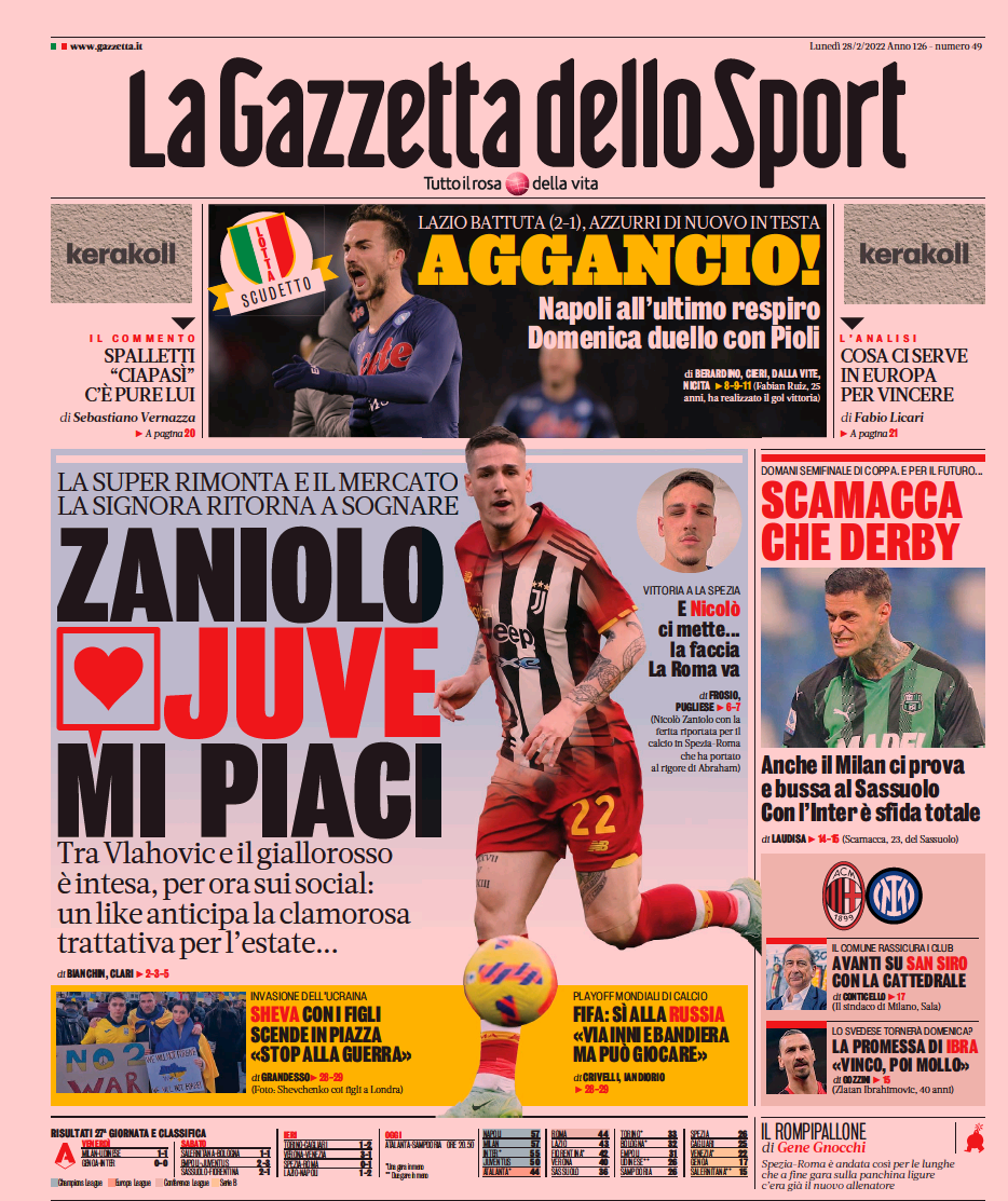 Un like di Zaniolo a Vlahovic è la prima pagina della Gazzetta modello Cioè Un like di Zaniolo a Vlahovic è la prima pagina della Gazzetta modello Cioè