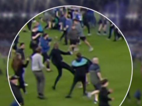 Everton-Crystal Palace, un tifoso provoca Vieira, lui lo stende con un calcio (VIDEO)