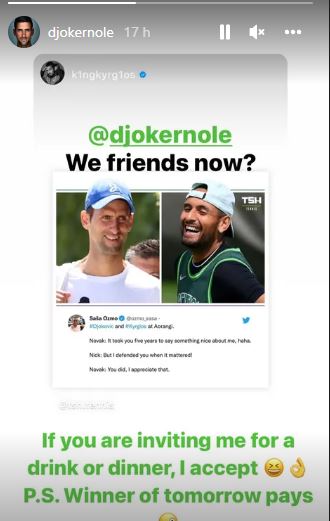 Kyrgios e Djokovic si danno appuntamento a cena dopo la finale di Wimbledon: chi vince paga il conto Kyrgios e Djokovic si danno appuntamento a cena dopo la finale di Wimbledon: chi vince paga il conto