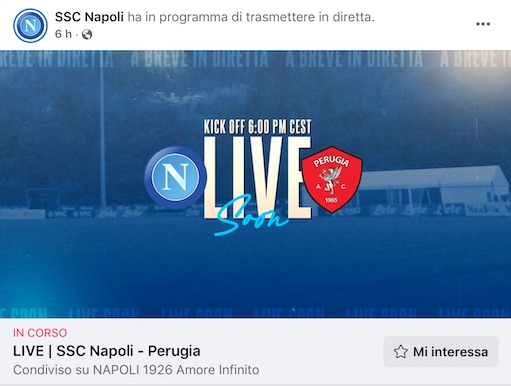 Napoli-Perugia in chiaro sul Facebook del Calcio Napoli
