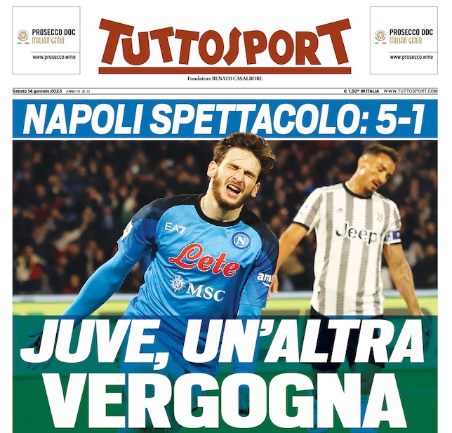 Tuttosport: vergogna Juventus, cancellare l’umiliazione di Napoli non sarà facile