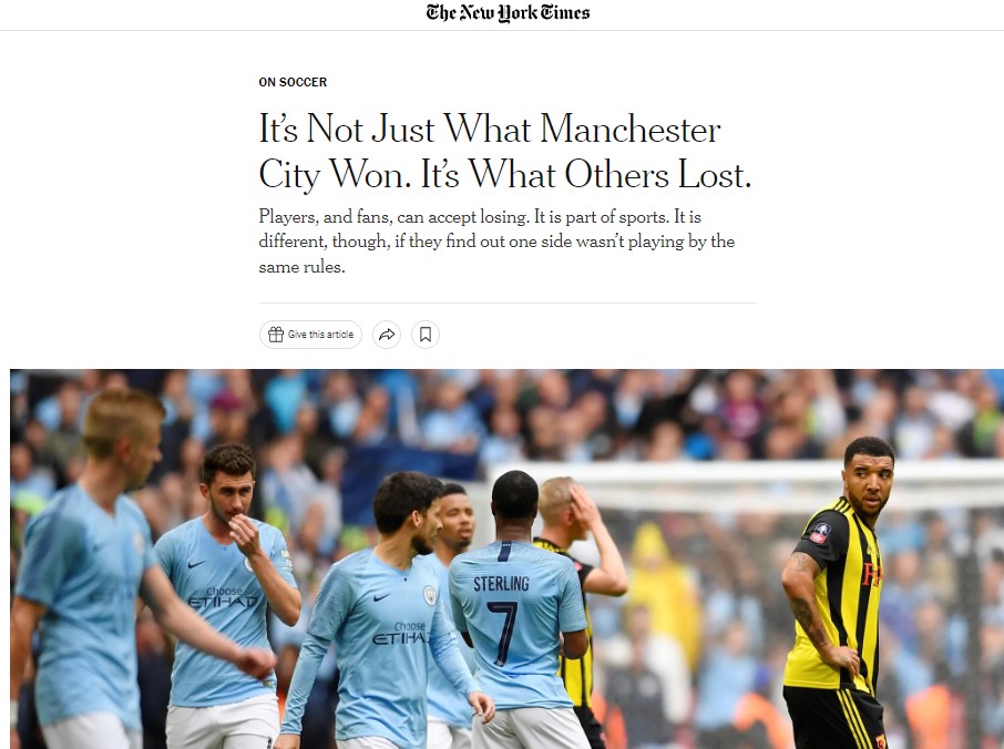 Il New York Times: «Non c’è punizione, per quanto dura, che possa risarcire le rivali del City» Il New York Times: «Non c’è punizione, per quanto dura, che possa risarcire le rivali del City»