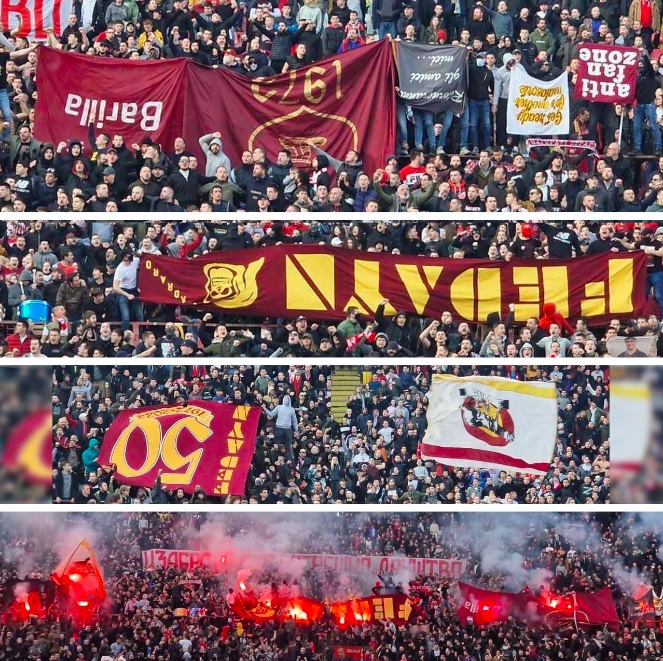 Striscione ‘Fedayn Roma’ esposto capovolto allo stadio della Stella Rossa e poi bruciato (Video) Striscione ‘Fedayn Roma’ esposto capovolto allo stadio della Stella Rossa e poi bruciato (Video)