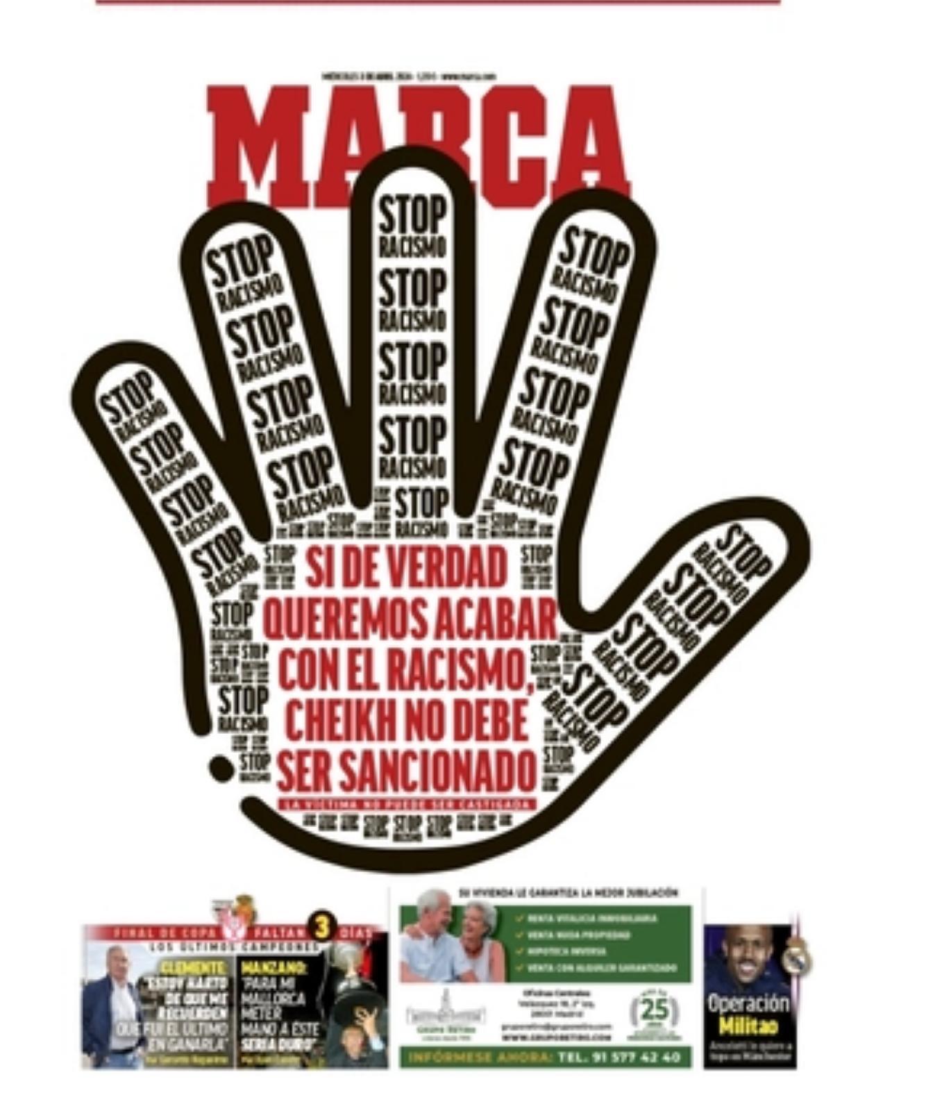 La potentissima prima pagina di Marca per Sarr vittima di razzismo in Serie C (sì avete capito bene)