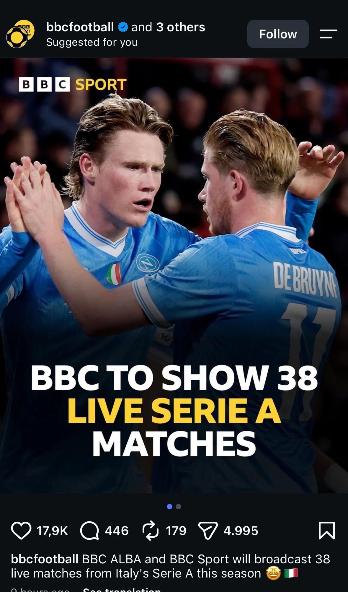 la bbc trasmette la serie a 38 partite e mette in copertina il napoli di de bruyne e mctominay da Ilnapolista.it la bbc trasmette la serie a 38 partite e mette in copertina il napoli di de bruyne e mctominay