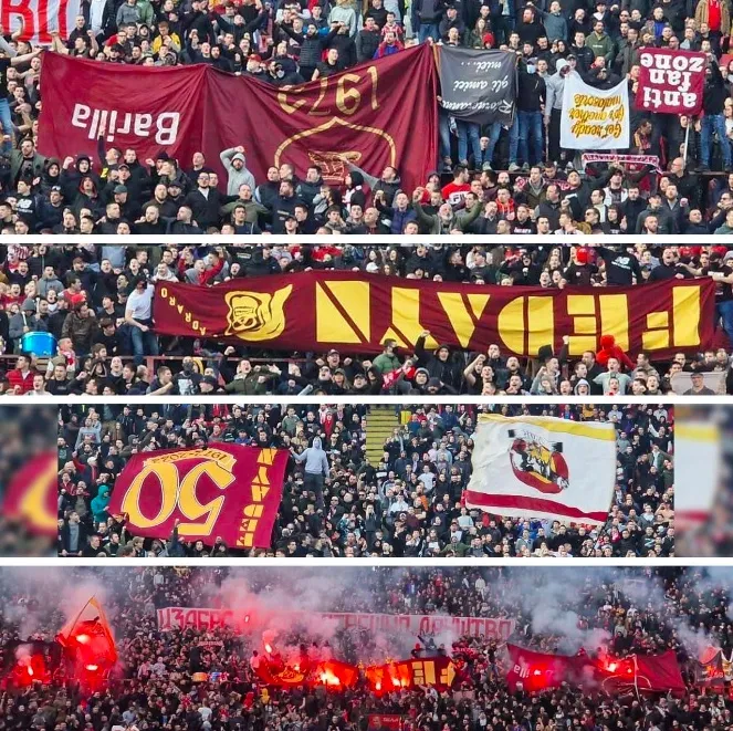 Striscione ‘Fedayn Roma’ esposto capovolto allo stadio della Stella Rossa e poi bruciato (Video) Striscione ‘Fedayn Roma’ esposto capovolto allo stadio della Stella Rossa e poi bruciato (Video)